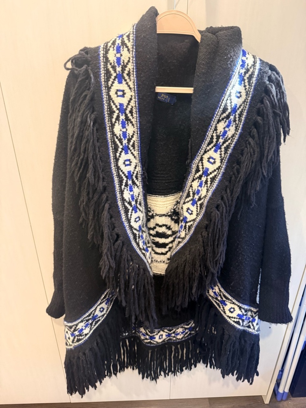 Polo by Ralph Lauren Black Knit Fringe Poncho with Blue & White Trim